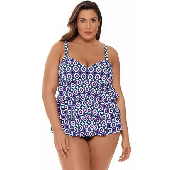 Swim Solutions Jewels Tiered Tummy Control Fauxkini 1-Piece Swimsuit Size 12 NWT